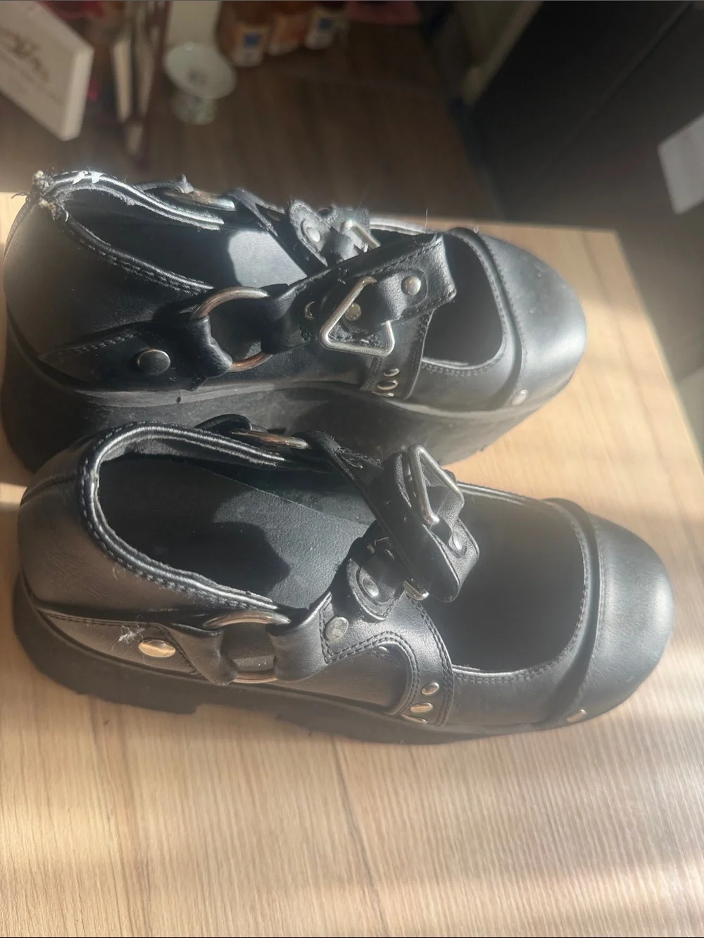 Black Platform Mary Jane Shoes with Buckle Straps